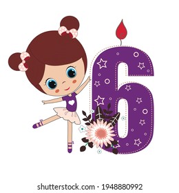 Cute baby girl with number six. Vector illustration for baby shower, greeting card, party invitation, fashion clothes t-shirt print. Happy Birthday concept