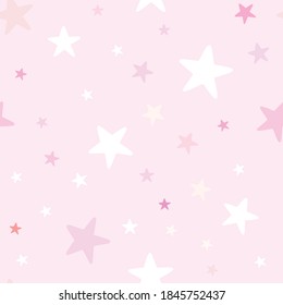 Cute baby girl nursery seamless pattern with white stars on pink background. Perfect for fabric, textile, nursery decoration, baby shower. Surface pattern design.