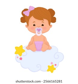 Cute baby girl on a blue cloud. It's a boy background. Gender reveal, baby shower, baby announcement.