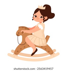 Cute baby girl on a rocking pony wearing a crown and a festive dress. Baby shower, nursery decor. Flat vector illustration.