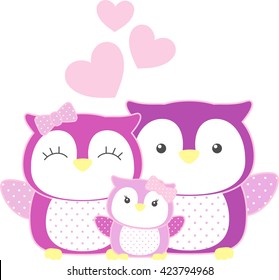 cute baby girl owl and parents isolated on white