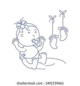 cute baby girl with pacifier and footprints