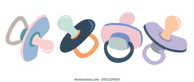 Cute baby girl pacifier vector set isolated white background.