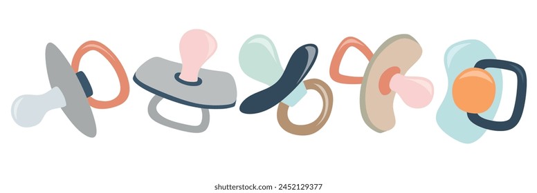 Cute baby girl pacifier vector set isolated white background.