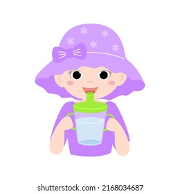 Cute baby girl in panama drinking water from cup. Concept of a healthy lifestyle for children. Vector illustration in cartoon flat style.