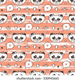 Cute Baby girl Panda Vector Seamless pattern. Endless wallpaper with Princess Pandas. Hand Drawn Doodle Funny Black and White Bear. Background for kids