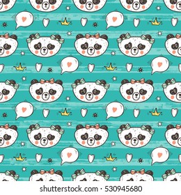 Cute Baby girl Panda Vector Seamless pattern. Endless wallpaper with Princess Pandas. Hand Drawn Doodle Funny Black and White Bear. Background for kids