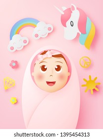 Cute baby girl with pastel scheme and paper art background vector illustration