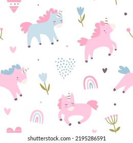 Cute baby girl pattern with unicorns. Girly vector seamless print for textile and nursery.