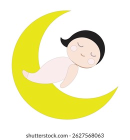 A cute baby girl peacefully sleeping on a crescent moon in pastel colors. Minimalist vector art perfect for nursery wall decor. Available in  ideal for kids' room decoration.
