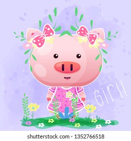 cute baby girl pig with flowers on the purple background. Can be used for kids/babies shirt design, fashion print design,t-shirt, kids wear,textile design,celebration card/ greeting card, invitation 