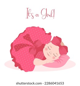 Cute baby girl in a pink dress with a bow, newborn baby girl. Children's card, print, vector