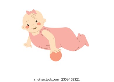 cute baby girl in a pink jumsuit playing with ball