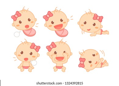 Cute baby girl with pink ribbon milestone. Isolated vector.