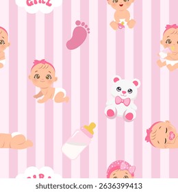 Cute baby girl pink seamless pattern