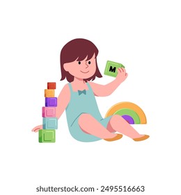 Cute baby girl play with pyramid toy. Montessori toys smart puzzle logical game. Vector cartoon kid have fun build pyramid tower with colorful bricks. Children education and entertainment