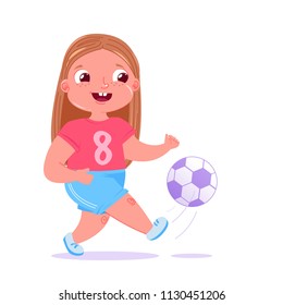 Cute Baby Girl Playing  Football With A Soccer Ball. Player's Team Modern Uniform. Healthy Activities. Vector Cartoon Illustration