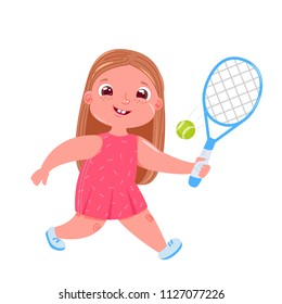 Cute baby girl playing tennis  with raquet. Doing sports healthy life. Daily routine.  Vector cartoon illustration