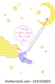 Cute baby girl in pyjamas sway on moon swing in starry night sky like a real star vector illustration isolated on white. Sweet dreams cartoon childish felt pen hand drawn fantasy poster with phrase.
