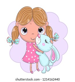 Cute baby girl and rabbit cartoon hand drawn vector illustration. Can be used for baby t-shirt print, fashion print design, children wear, baby shower celebration, greeting and invitation card.