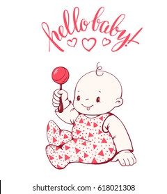 Cute baby girl with the rattle isolated on white background.  Hand-drawn illustration. Vector