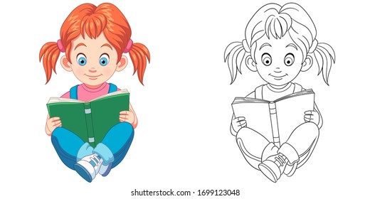 Cute baby girl reading book. Coloring page and colorful clipart character. Cartoon design for t shirt print, icon, logo, label, patch or sticker. Vector illustration.