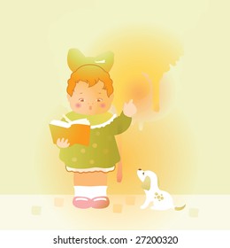 Cute baby girl reading a book to her dog. The file is built in Adobe Illustrator. Each object is on a separate layer. All colors are global. The imitation of a watercolor painting in retro style.