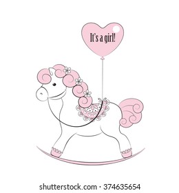Cute baby girl rocking horse. Vector background.