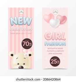 Cute baby girl roll up banner stand design template with cute bear and balloon for child store, kid clothes and toy, Online shop, children fashion sale discount promotion, social media. vector