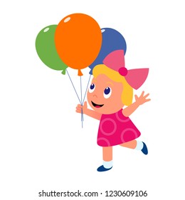 Cute baby girl running with color balloons cartoon vector illustration