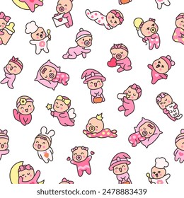 Cute baby girl. Seamless pattern. Cartoon little newborn character. Hand style. Vector drawing. Design ornaments.