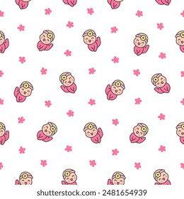 Cute baby girl. Seamless pattern. Cartoon little newborn character. Hand style. Vector drawing. Design ornaments.