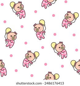 Cute baby girl. Seamless pattern. Cartoon little newborn character. Hand style. Vector drawing. Design ornaments.