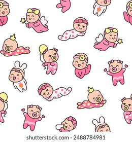 Cute baby girl. Seamless pattern. Cartoon little newborn character. Hand style. Vector drawing. Design ornaments.
