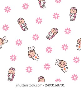 Cute baby girl. Seamless pattern. Cartoon little newborn character. Hand style. Vector drawing. Design ornaments.