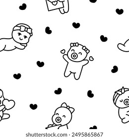 Cute baby girl. Seamless pattern. Coloring Page. Cartoon little newborn character. Hand style. Vector drawing. Design ornaments.