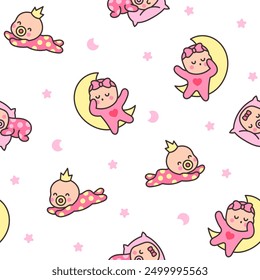 Cute baby girl. Seamless pattern. Cartoon little newborn character. Hand style. Vector drawing. Design ornaments.