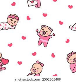 Cute baby girl. Seamless pattern. Cartoon little newborn character. Hand style. Vector drawing. Design ornaments.