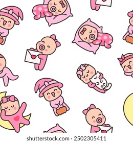 Cute baby girl. Seamless pattern. Cartoon little newborn character. Hand style. Vector drawing. Design ornaments.