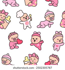 Cute baby girl. Seamless pattern. Cartoon little newborn character. Hand style. Vector drawing. Design ornaments.