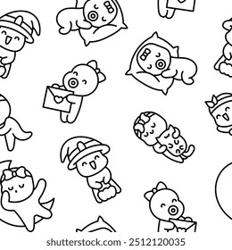 Cute baby girl. Seamless pattern. Coloring Page. Cartoon little newborn character. Hand style. Vector drawing. Design ornaments.