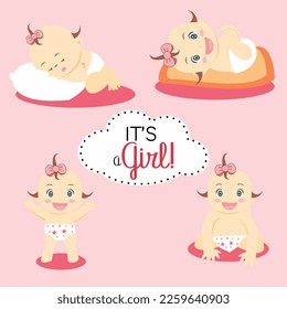 Cute baby girl set on pink background it'a a girl