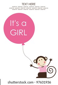 cute baby girl shower with fun monkey. vector illustration