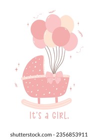 Cute Baby Girl Shower Invitation Card with Pink Pram and Balloons. Celebrate the joy of a new arrival with this adorable hand drawn baby girl shower invitation card.