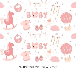 Cute Baby Girl Shower in pink pattern seamless with adorable newborn accessories and toys cartoon hand drawing. Perfect for background, paper and invitation greeting card, welcoming the little one int