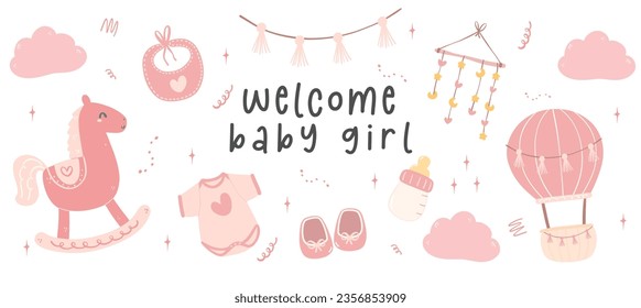 Cute Baby Girl Shower in pink, Welcome baby girl with adorable newborn accessories cartoon hand drawing. Perfect for invitation greeting card, welcoming the little one into the family.