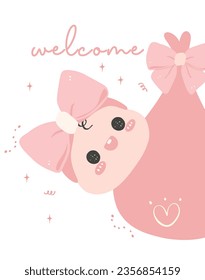 Cute Baby Girl Shower in pink, Welcome baby girl with adorable newborn in clothes, Perfect for invitation greeting card, welcoming the little one into the family.