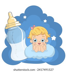 Cute baby girl, baby shower vector illustration. Cartoon style character. Happy baby girl, Perfect illustration for t-shirt wear fashion print design, greeting card, party invitation