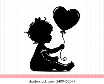 Silueta de niña linda con globo en forma de corazón. Ilustración vectorial.