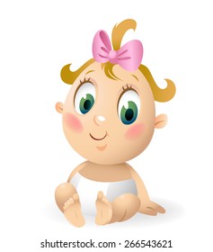 Cute baby girl sitting on a white background, vector illustration